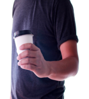 A man is holding a paper cup of coffee on transparent background png file