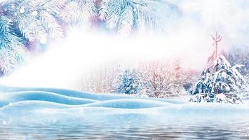 Happy New Year and Merry Christmas. Frozen winter forest with snow covered trees. photo