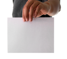 Hand holding white empty paper on transparent background png file