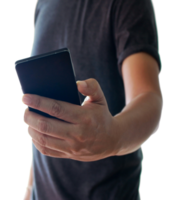 um homem usando a mão segurando o smartphone no arquivo png de fundo transparente