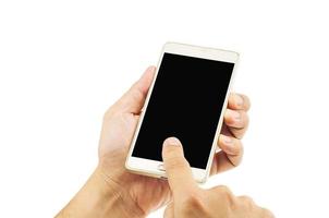 Isolated male hands holding and pushing home button of white blank screen smart mobile phone. photo