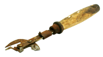 Old rusty can opener with wood handle isolated on transparent background png file