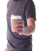 A man holding a paper cup of coffee on transparent background png file