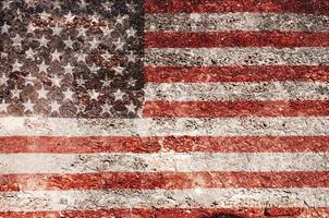 USA flag overlay on old brick and cement wall texture for background use photo