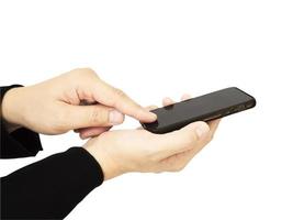 A business mas hands is using  pushing mobile phone. Photo is isolated over white and included clipping path.