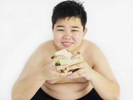 A boy is happily looking at sandwich. Photo is focused at sandwich.