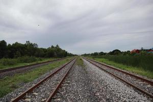 ferrocarril forestal, ruta ferroviaria al norte de tailandia, ruta ferroviaria y riel de acero hay traviesas y piedras de ferrocarril.