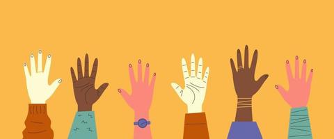 Hands of people of different nationalities raised up. Diversity concept. Vector stock illustration in flat style.