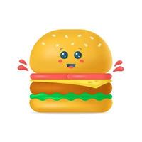 caricatura, 3d, lindo, kawaii, hamburguesa, aislado, blanco, plano de fondo. ilustración de stock vectorial. vector