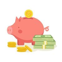 Money bills, coin and piggy bank. Finance and economy concept. Vector stock illustration in flat style.