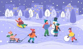 Winter fun and games for children on a street walk. Winter cityscape. Vector stock illustration.