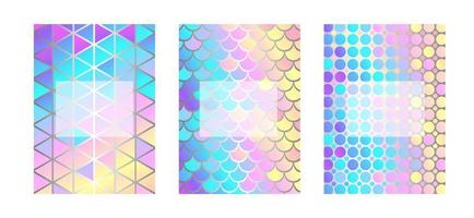 Set of abstract holographic geometric cover templates with copy space.Triangles, circles and scales.Vector stock illustration.