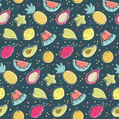 Tropical fruits hand drawing seamless pattern. Vector stock illustration. Watermelon and pineapple, dragon fruit and carambola, avacado, lemon and orange. Vector stock illustration.