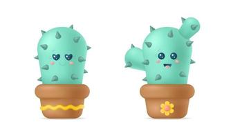 Set of 3d cute soft cactus with face emotions isolated on white background. Vector stock illustration.