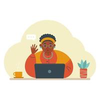 Happy African American grandmother with a laptop communicates online via video. Vector stock illustration.