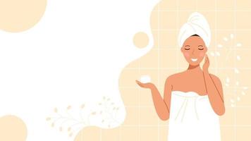 A woman in a towel and a turban in the bathroom applies cream to her face. Skin care concept. Banner design with copy space. Vector stock illustration in flat style.