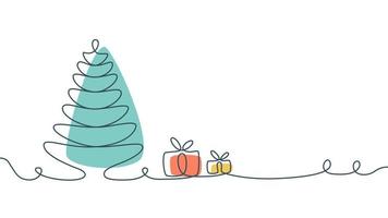 árbol de navidad y regalos en estilo de arte de una línea con punto de color. diseño de banner de año nuevo y navidad con espacio de copia. ilustración vectorial de acciones. vector