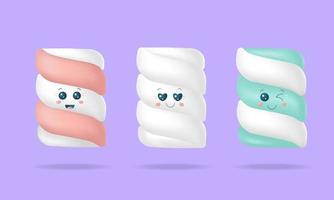 Set of 3d cute soft marshmallows with facial emotions. Vector stock illustration.