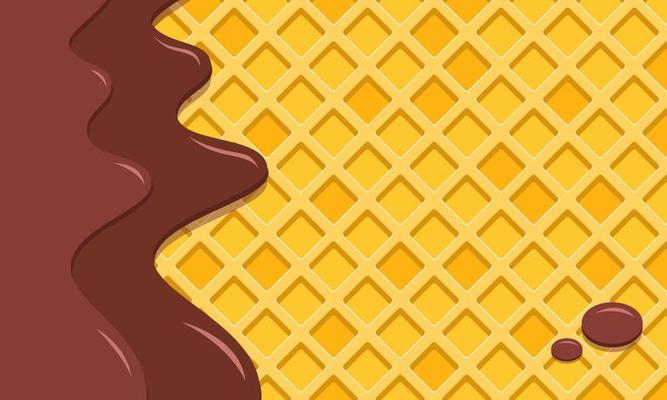 Liquid brown cream or chocolate drips over the waffle. Background with copy space. Packaging design, banner. Stock vector illustration.