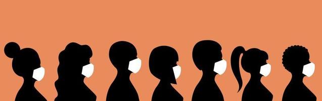 Silhouette of people side view in medical protective masks. Vector stock illustration.