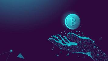 Human polygonal hand and bitcoin manet. Abstract background for a banner with copy space. Vector stock illustration.