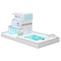 piscina simulata edificio a tre piani modello cartone animato blu pastello 3d illustrazione png