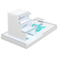 piscina simulata edificio a tre piani modello cartone animato blu pastello 3d illustrazione