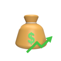 Money sack with up arrows 3d icon model cartoon style concept. render illustration png