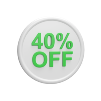 Discount 40 percent badge 3d icon model cartoon style concept. render illustration png
