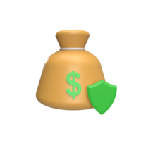 Money sack with Shield 3d icon model cartoon style concept. render illustration png