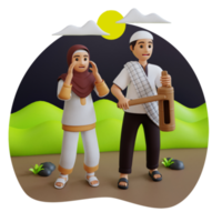 3d render muslim boy and girl celebrating ramadan sahur png