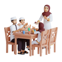 rendu 3d famille musulmane jeûnant faisant sahur ou fête de l'iftar manger de la nourriture png