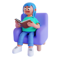 3d render chica sentada en el sofá y leyendo un libro png