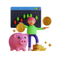 3d render cute character doing saving investment png
