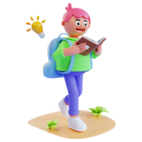 3d render cute kids running with reading book png