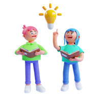 3d render boy and girl carrying book with light idea lamp png