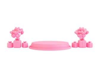 3d render pink podium valentine with gift and love balloon png