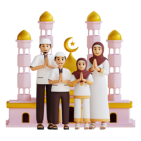 3d render eid mubarak com família muçulmana namaste pose frontal mesquita png