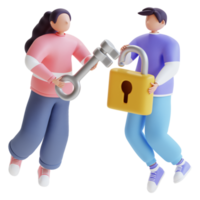 3d render man and women carrying padlock with key png