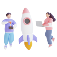 3d render illustration rocket lauch startup with character png