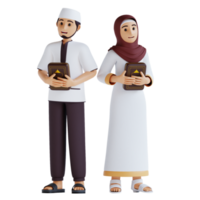 3d render muslim man and women stand carrying Al Quran