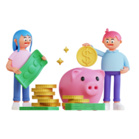 3D render twee schattige karakters die geld besparen investeren png