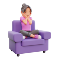 3d render cute girl sitting on the sofa png