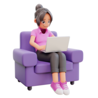 3d render cute girl sit crossed legs hold laptop studying at home png