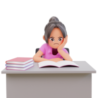 Serious young student reading a book preparing the exam education and learning concept, 3d illustration png