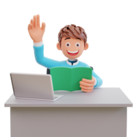 Student winkt mit der Hand, 3D-Illustration Chartoon Charakter süßer Junge