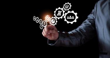 Business database analysis concept. Businessman analyzing economic data. related to business operations, analysis of future economic trends, virtual screens, business networking, internet technology. photo