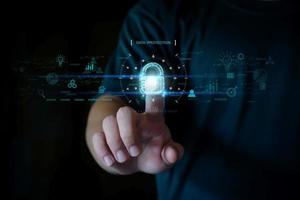 Cyber security network. Padlock icon and internet technology networking. Businessman protecting data personal information on tablet and virtual interface. Data protection privacy concept. GDPR. EU. photo