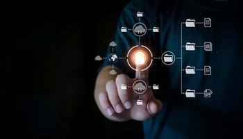 Man unlocks files in the cloud. Internet technology. Concept of global data connection by metaverse technology, big data ,search for information, online business, global network, internet of things photo