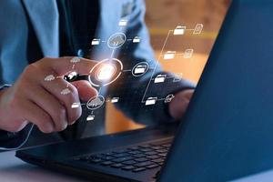 Man unlocks files in the cloud. Internet technology. Concept of global data connection by metaverse technology, big data ,search for information, online business, global network, internet of things photo